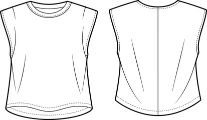 Sleeveless darted top fashion illustration, technical flat sketch, curved hem blouse design, front and back view apparel template, cad drawing flat vector