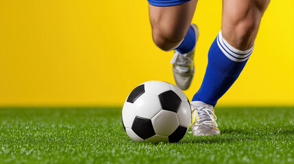 Soccer action on vibrant field with blue uniforms and yellow background