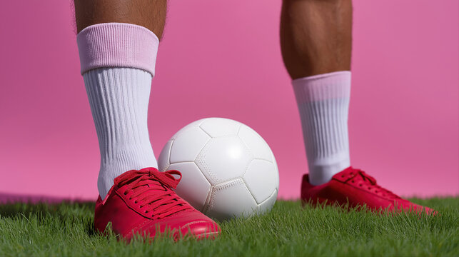 Close-up of soccer player with red shoes and white socks on grass