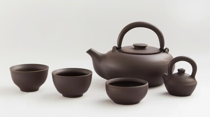 Morning Beverage Essentials: Hot Tea Teapots, Black Coffee Mugs, White China Saucers & Empty Clay Jugs