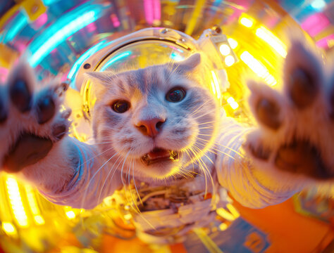 Portrait of a cat astronaut in space orbiting the planet. Animal as an astronaut in outer space - Powered by Adobe