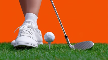 Female preparing to tee off in golf with white sneakers on green grass