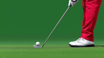 Close-up of golfer preparing swing with red pants and white shoes on green grass