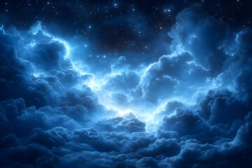 A view of fluffy blue clouds illuminated from within under a starry night sky background scene art