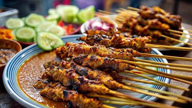 Sate: A close-up shot reveals the savory skewers of sate, meticulously arranged amidst a vibrant array of complementary ingredients, a feast for both the eyes and palate. 