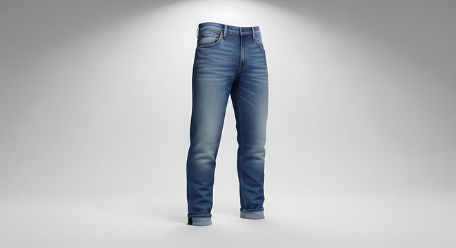 Modern blue denim jeans, a stylish and comfortable piece of casual apparel, expertly showcased on a clean white background with subtle lighting for a product display