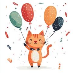 Funny cartoon party cat with balloons isolated over white background. Colorful joyful greeting card for birthday or other festive events. Created with, Generative AI