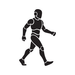 Black silhouette of humanoid robot figure in motion walking forward