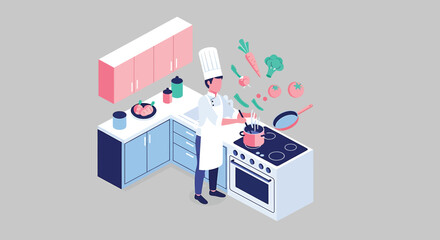 Vector Illustration of Chef Preparing Healthy Meal with Fresh Vegetables in Modern Kitchen