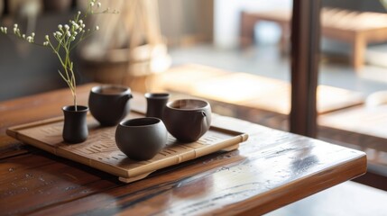 Morning Beverage Essentials: Hot Tea Teapots, Black Coffee Mugs, White China Saucers & Empty Clay Jugs