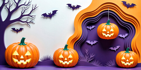 Halloween background with carved pumpkins, bats, and trees in a modern paper art style