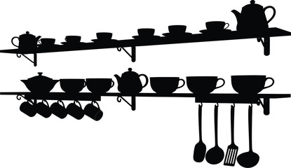 Silhouette of Teapots, Cups, and Utensils on Shelves