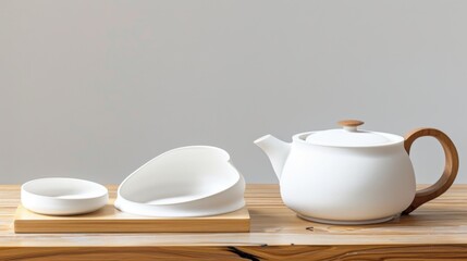 Morning Beverage Essentials: Hot Tea Teapots, Black Coffee Mugs, White China Saucers & Empty Clay Jugs