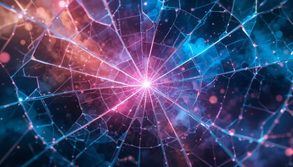 Obraz premium A dazzling abstract representation of a cosmic event or shattered reality, featuring a central bright light radiating outwards through fractured lines and colorful nebulae in shades of pink, blue, and