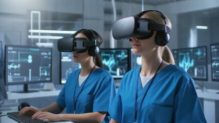 Doctors using VR headsets for medical training and simulation in a high-tech hospital lab. - Powered by Adobe