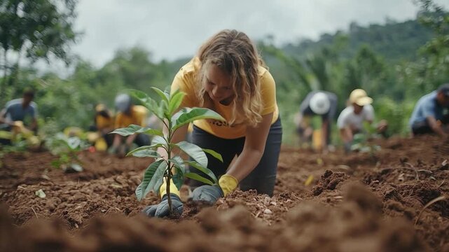 Planting the Seeds of Change: A group of dedicated individuals meticulously planting saplings in fertile soil, embodying the spirit of environmental stewardship and hope for a greener tomorrow.