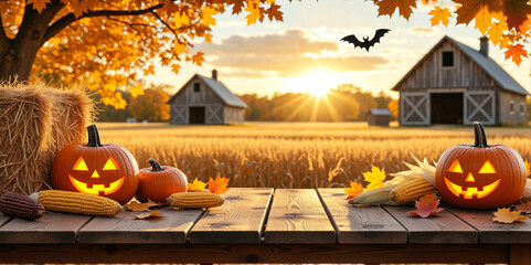 Rural autumn scene with jack-o'-lanterns, pumpkins, and hay on a wooden table with a farm background