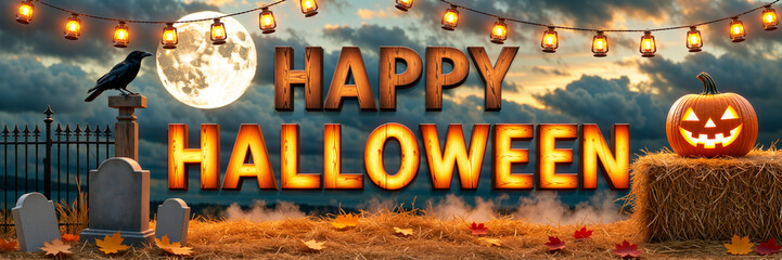 Happy Halloween banner with a crow, glowing letters, tombstones, and a pumpkin on a bale of hay