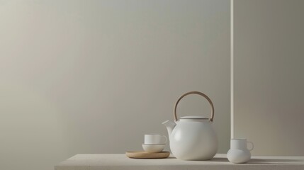 Morning Beverage Essentials: Hot Tea Teapots, Black Coffee Mugs, White China Saucers & Empty Clay Jugs