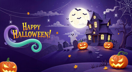 "Happy Halloween" banner with a haunted house, cute ghost, and glowing pumpkins on a spooky night