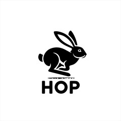 Black silhouette of a rabbit mid hop with the word hop below