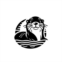 Cute otter swimming in water stylized black and white logo