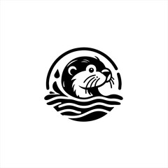 Cute otter swimming in water circle logo design