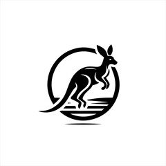 Black silhouette of a kangaroo jumping inside a circle