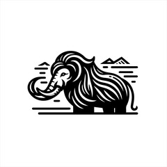 Stylized black and white mammoth illustration with mountain landscape