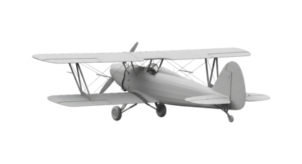 Isolated Biplane Airplane Model in Neutral Gray Shade Rendering with Propeller Detail
