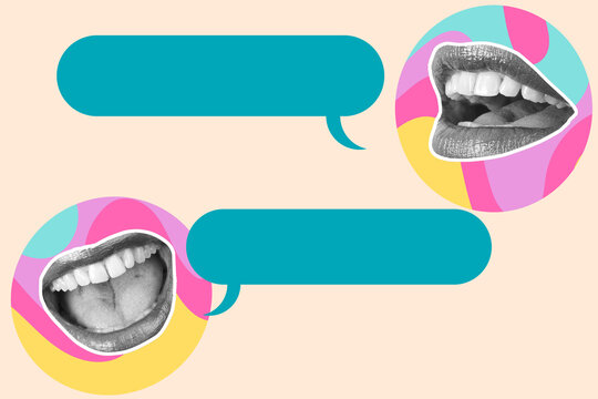 Collage of two mouths doing different gestures with blue blank speech bubbles on colored circles on a beige background