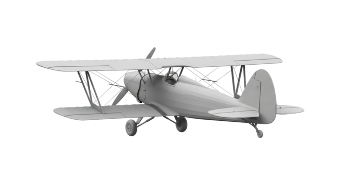 Isolated Biplane Airplane Model in Neutral Gray Shade Rendering with Propeller Detail