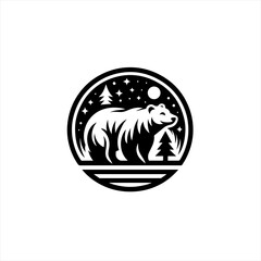Stylized bear silhouette in a forest night scene emblem