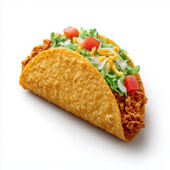 Delicious chicken meats with vegetables. Taco shell with lettuce, ground beef meat, mashed avocado, tomato, red onion and jalapeno pepper, isolated on a white background