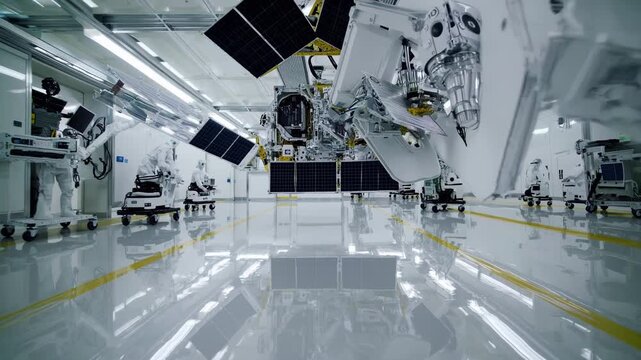 Spacecraft assembly factory hall with multiple satellites being manufactured and tested by robotic arms and technicians, showcasing aerospace engineering and high technology