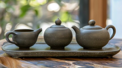 Morning Beverage Essentials: Hot Tea Teapots, Black Coffee Mugs, White China Saucers & Empty Clay Jugs