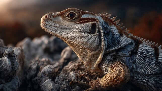 Stunning close-up of a detailed iguana's textured skin and observant eye, basking in warm natural sunlight on rough rocky terrain