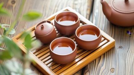 Morning Beverage Essentials: Hot Tea Teapots, Black Coffee Mugs, White China Saucers & Empty Clay Jugs