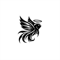 Obraz premium Stylized black bird with wings and a halo on white background