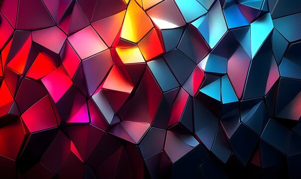 Abstract geometric background with red orange blue and black polygonal shapes and shadows casted