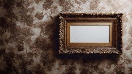 Ornate vintage gold picture frame on textured floral wallpaper background evoking a warm nostalgic atmosphere for display or promotion