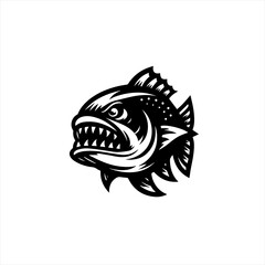 Fierce piranha head with sharp teeth black and white illustration