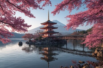 Fototapeta premium Japanese Pagoda Cherry Blossoms Mount Fuji Lake Reflection Spring Japan Travel