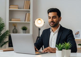 Confident Young Indian Businessman Working on Laptop During Video Call in Home Office