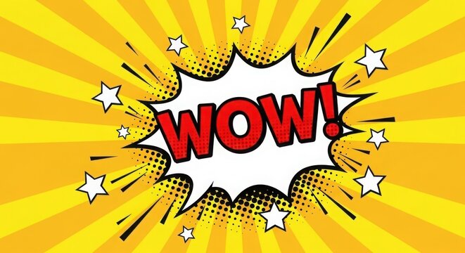 Comic book style wow expression with bursting yellow background and scattered white stars around