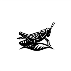 Black and white illustration of a grasshopper resting on a leaf