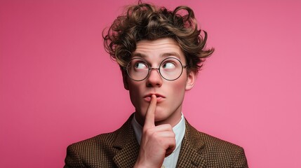 Curly haired young man with glasses in retro jacket making thoughtful secretive gesture with finger on lips on pink background. Concept of shh, mystery, doubt, nerd, geek, quirky humor, expression