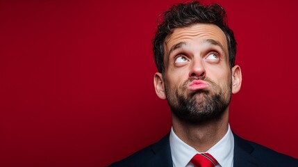 Funny young man in suit and red tie making skeptical face while looking up on red background. Concept of confusion, doubt, humor, business comedy, quirky expression, emotion, corporate lifestyle.