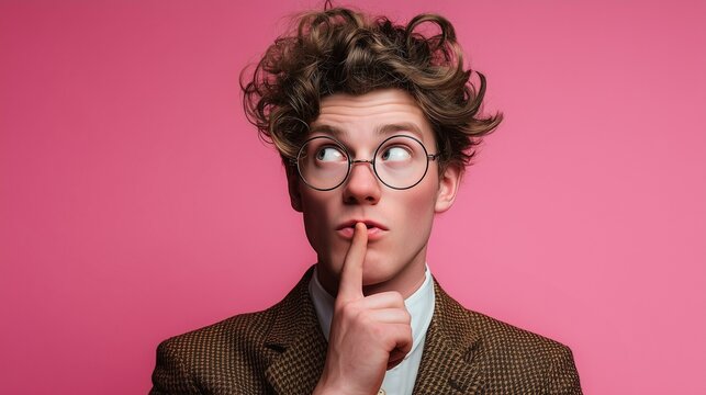 Curly haired young man with glasses in retro jacket making thoughtful secretive gesture with finger on lips on pink background. Concept of shh, mystery, doubt, nerd, geek, quirky humor, expression