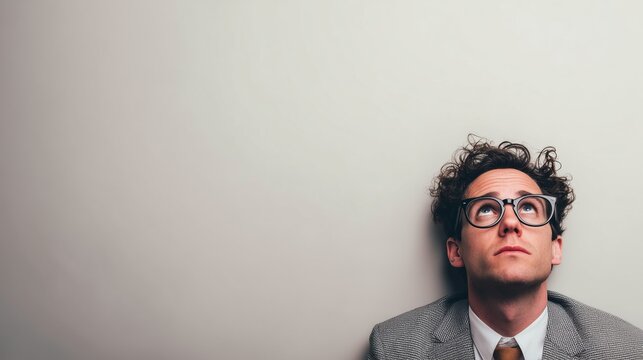 Thoughtful young man with curly hair and glasses in suit sitting against wall looking up on neutral background. Concept of contemplation, doubt, decision making, business challenge, emotion, stress.